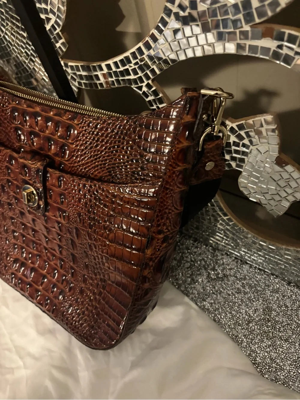💕Brahmin Croc-Embossed Brown‎ Leather Crossbody Bag